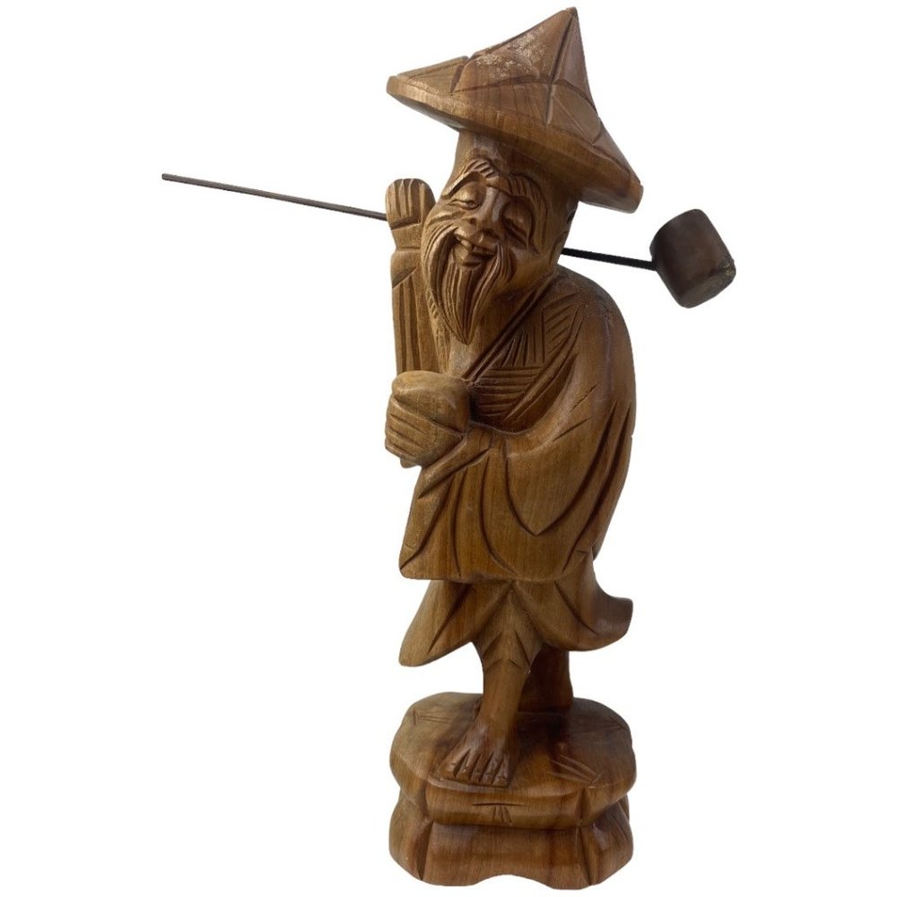 Vintage Hand Carved Wise Asian Man Chinese Farmer  Figurine 12”